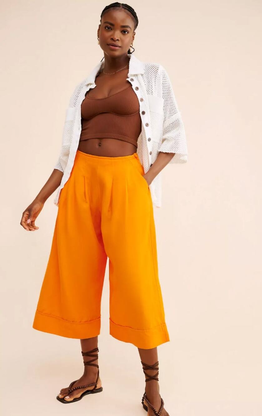 Anthropologie Maeve Linen Pleat-Front Wide-Leg Culottes Orange Pants 6